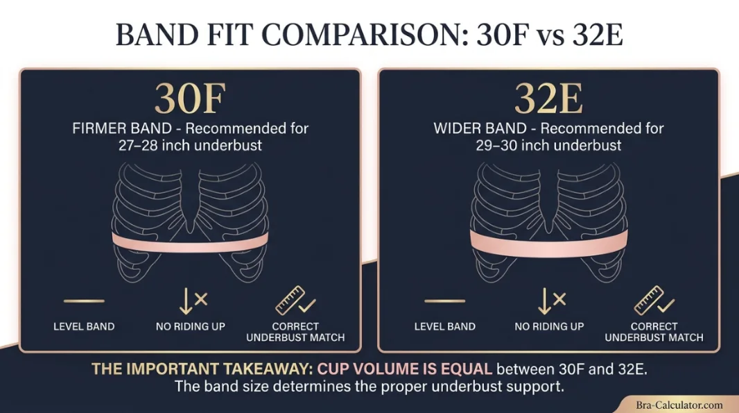 Band fit comparison showing 30F correctly anchored on a 27–28 inch ribcage versus 32E correctly anchored on a 29–30 inch ribcage — equal cup volume, different band performance