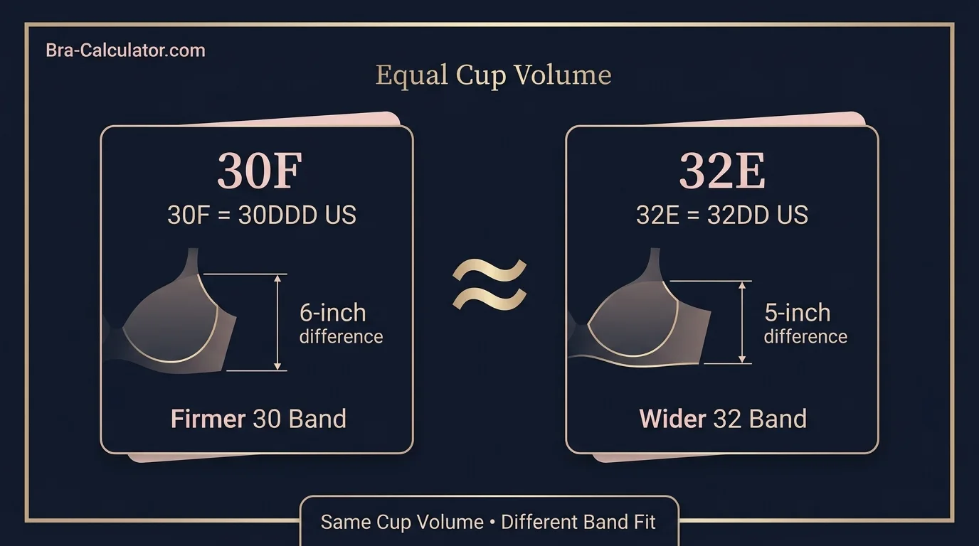 Side-by-side diagram showing 30F (30DDD US) and 32E (32DD US) bra sizes confirming equal cup volume on different band widths — 30-inch band vs 32-inch band, same breast tissue volume