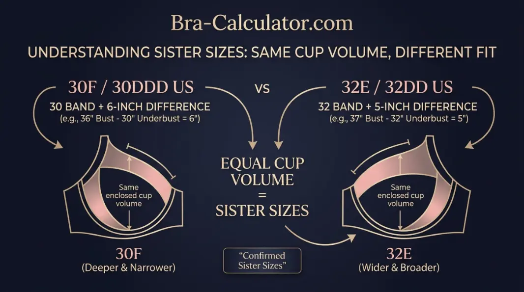 Cup volume equivalence diagram showing 30F (30DDD US) and 32E (32DD US) enclosing the same breast tissue volume despite different cup letters and band sizes