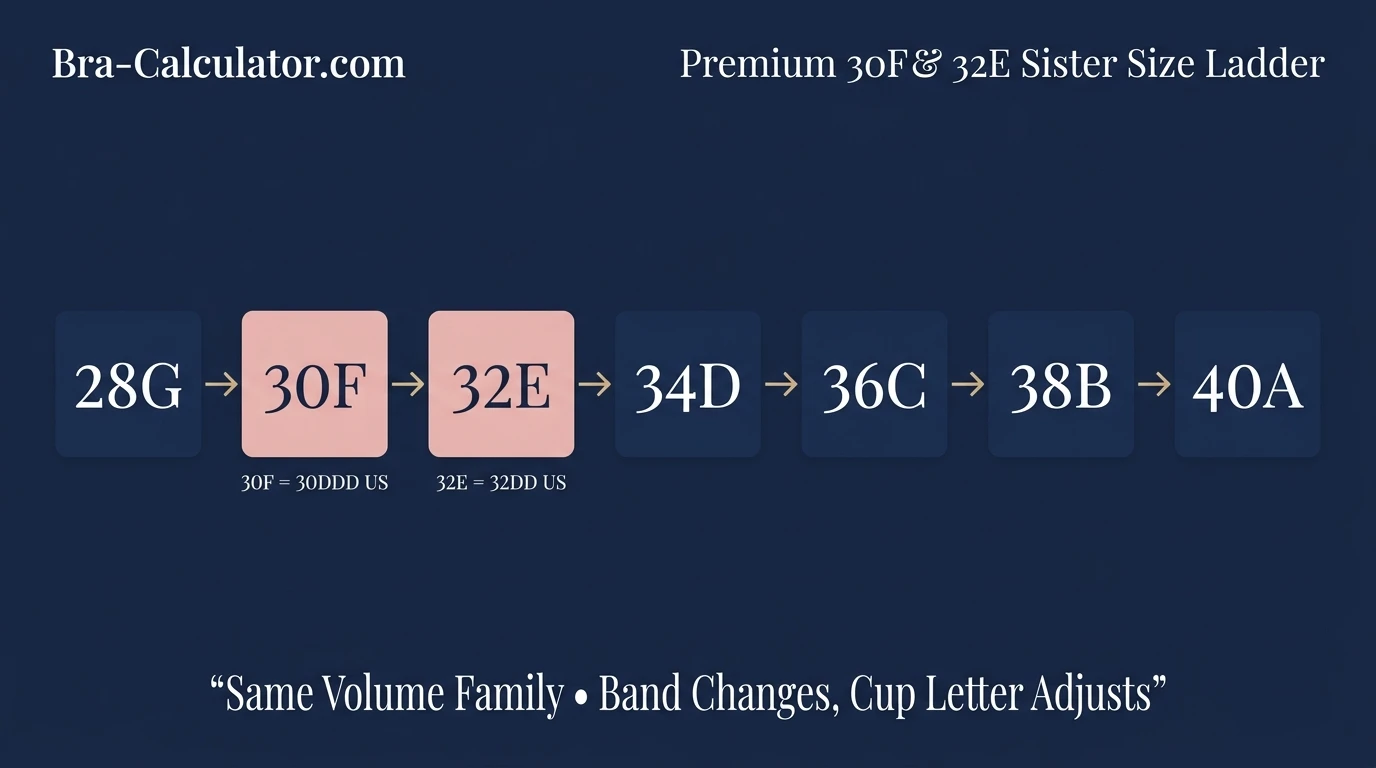 Sister size ladder showing 28G (28DDDD US), 30F (30DDD US), 32E (32DD US), 34D, 36C, 38B, and 40A all holding equal cup volume — confirming 30F and 32E as sister sizes