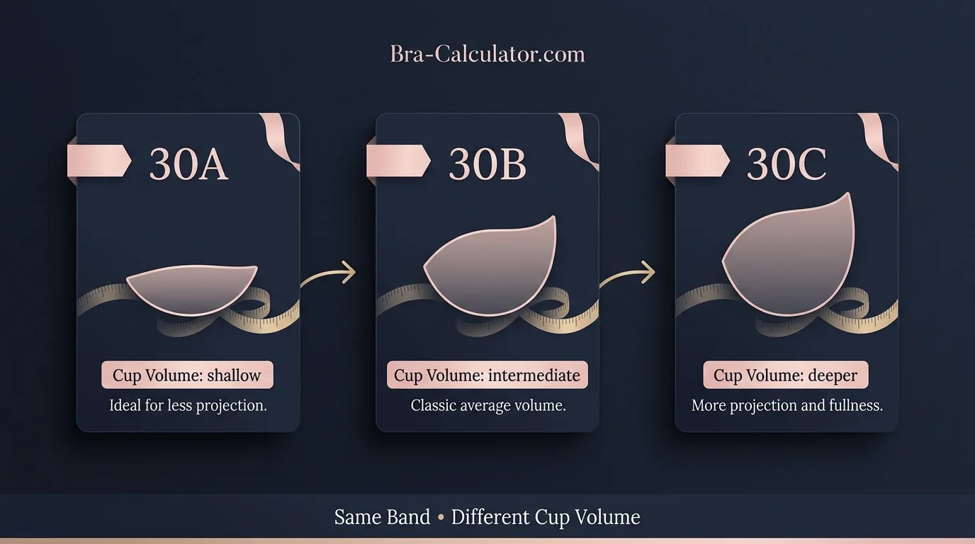 Progressive cup depth diagram on the 30-inch band showing 30A very shallow cup, 30B moderate, and 30C noticeably deeper — illustrating the two-cup volume progression between 30A and 30C with 30B as the correct intermediate step