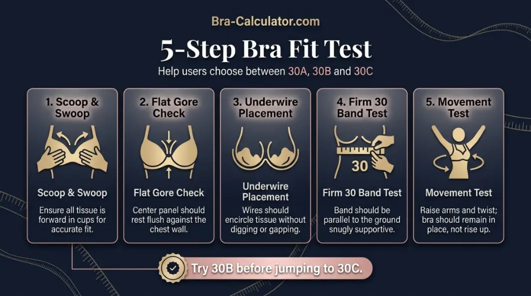 5-step bra fit test infographic for 30A and 30C — scoop and swoop with step-through-30B instruction, gore check, underwire narrowness on 30-inch band, band tension reality check, and movement test
