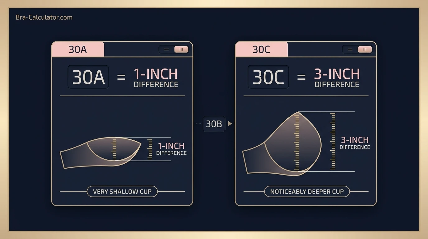 Cup depth comparison diagram for 30A and 30C bra sizes on the same 30-inch band — showing the two-cup volume difference between a very shallow A cup and a noticeably deeper C cup on identical bands