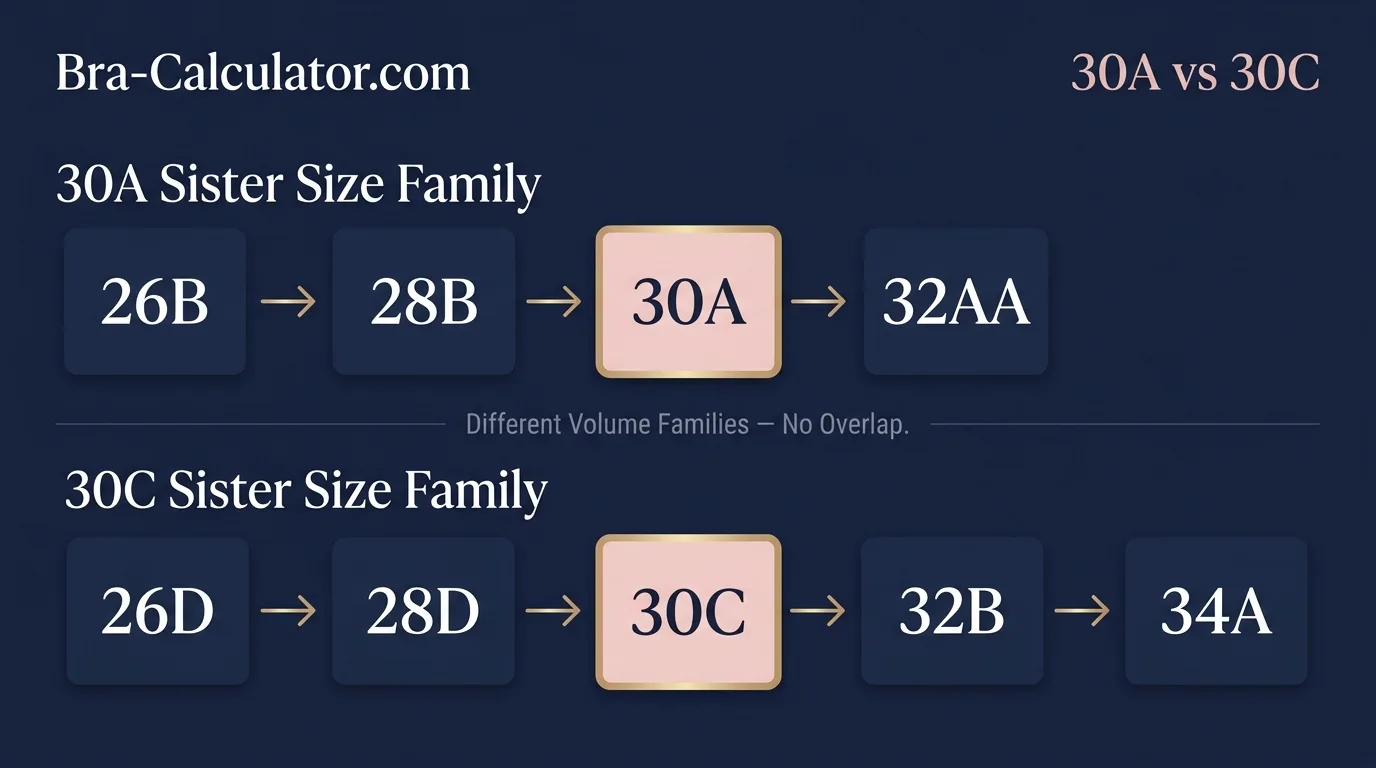 Two separate sister size ladder diagrams: 30A family (26B — 28B — 30A — 32AA) and 30C family (26D — 28D — 30C — 32B — 34A) shown separately to confirm different volume families with no overlap