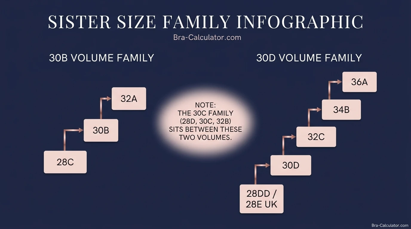 Two separate sister size families — 30B family (28C, 30B, 32A) and 30D family (28DD, 30D, 32C, 34B, 36A) — with the 30C family sitting between them, showing three distinct volume tiers