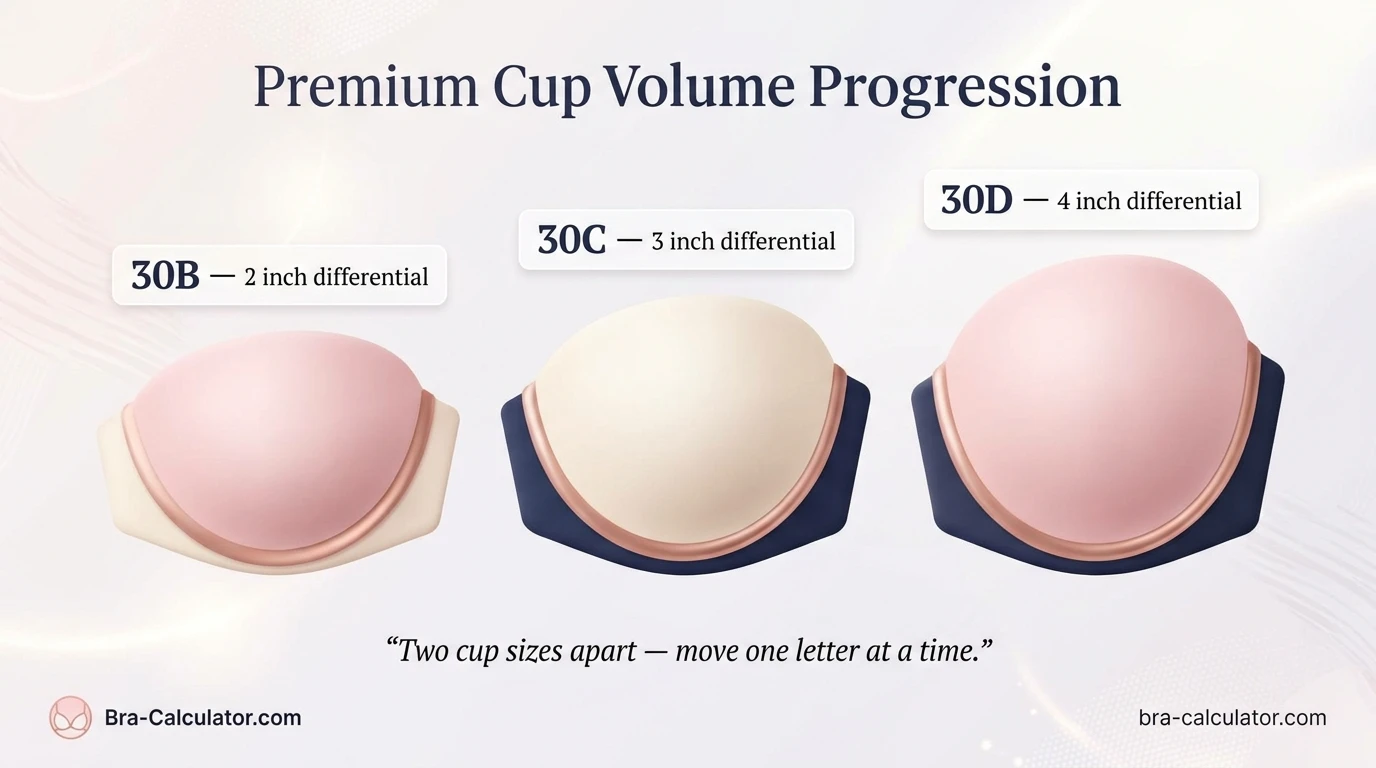 Cup volume progression showing 30B (2-inch differential), 30C (3-inch differential), and 30D (4-inch differential) with progressively larger enclosed cup spaces on the same 30-inch band