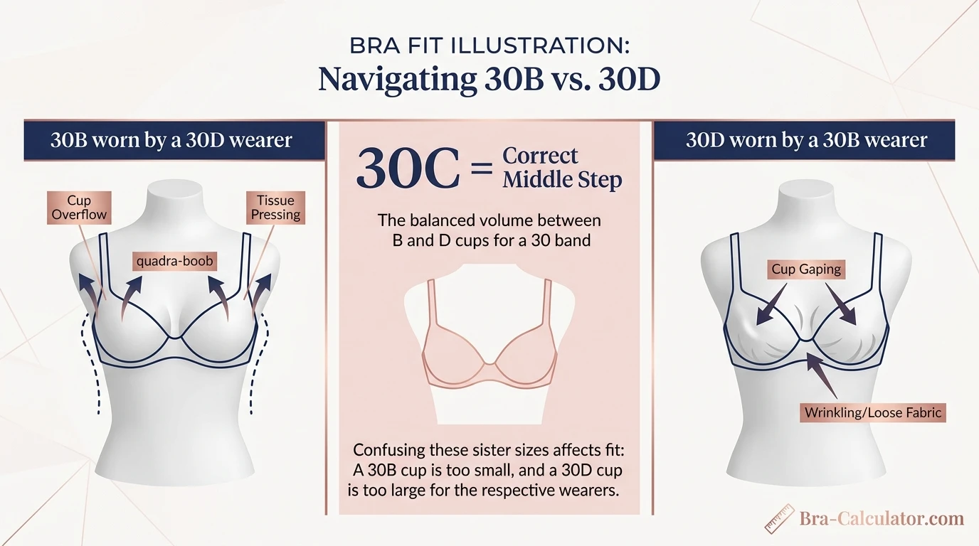 Illustration showing cup overflow when 30B is worn by a 30D wearer versus significant cup gaping when 30D is worn by a 30B wearer — both on the same 30-inch band