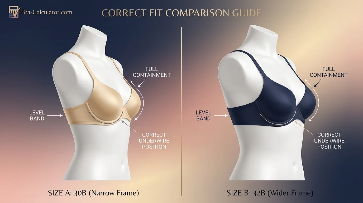 Fit comparison showing 30B correctly anchored on a 25–26 inch narrow ribcage with appropriate cup depth versus 32B correctly anchored on a wider 27–28 inch ribcage with a larger cup — both correct on their respective frames, both wrong on the other frame