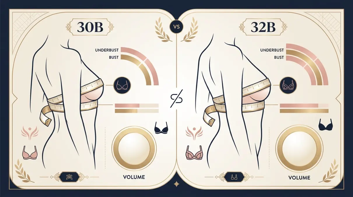 Diagram comparing 30B and 32B bra sizes — same B cup letter on different band widths, showing that 32B holds more cup volume because the wider 32-inch base produces a larger physical cup space despite the identical 2-inch differential