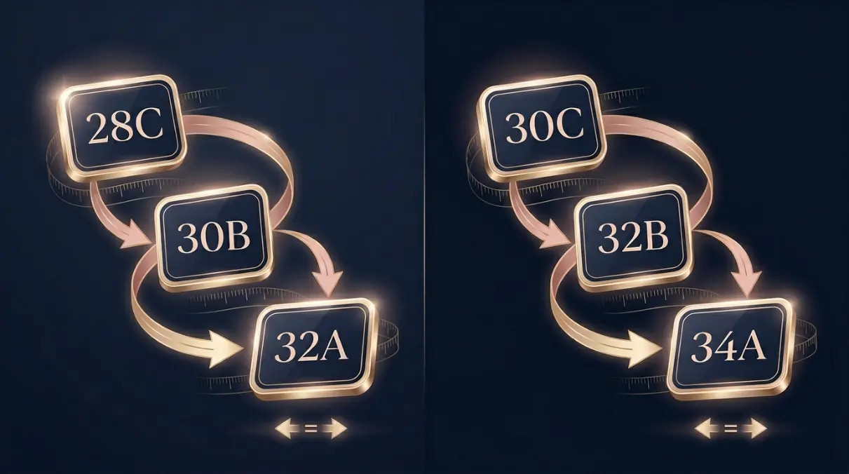 Two separate sister size ladders: 30B family (26C — 28C — 30B — 32A — 34AA) and 32B family (26D — 28D — 30C — 32B — 34A) shown separately — confirming different volume families with no overlap