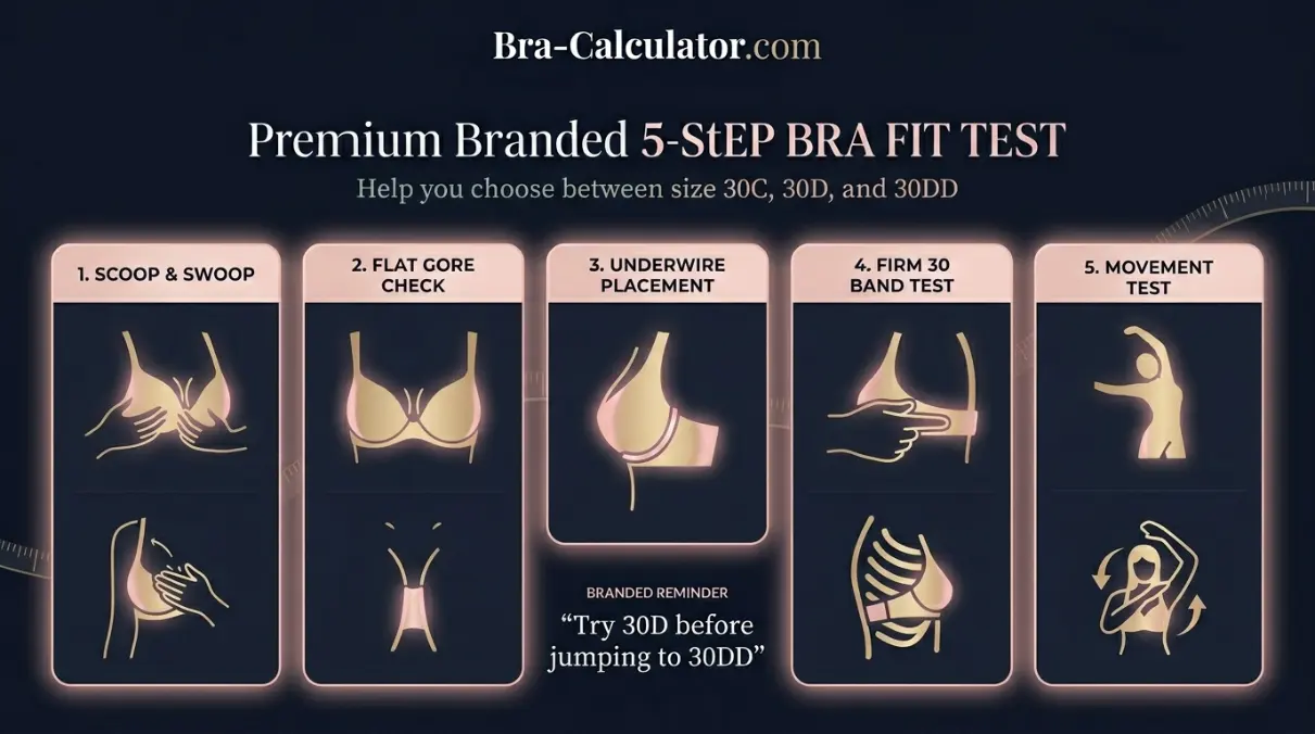 5-step bra fit test infographic for 30C and 30DD — scoop and swoop with step-through-30D instruction, gore check, underwire arc height comparison, band tension test on 30-inch band, and movement test for DD-cup tissue containment