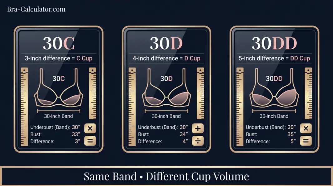 Cup depth progression diagram showing 30C with 3-inch differential and 30DD with 5-inch differential on the same 30-inch band — illustrating the two-cup volume gap with 30D sitting between them as the correct intermediate step