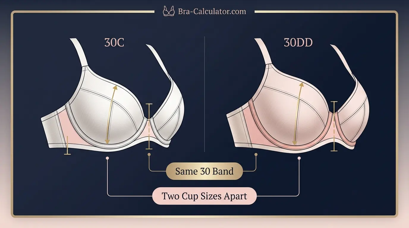 Side-by-side cup structure comparison: 30C with moderately deep cup panels suitable for 3-inch differential versus 30DD with significantly deeper wider cup panels for 5-inch differential — both on the same 30-inch narrow band