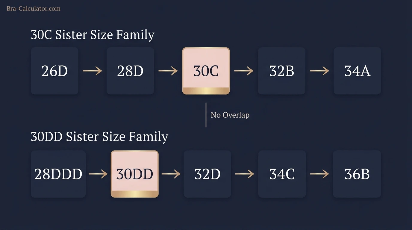 Two separate sister size ladder diagrams: 30C family (26D — 28D — 30C — 32B — 34A) and 30DD family (28DDD — 30DD — 32D — 34C — 36B) shown separately to confirm different volume families with no overlap