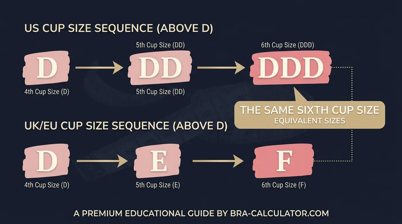 Side-by-side diagram showing US cup label 30DDD and UK cup label 30F both representing the same 6-inch bust-to-underbust differential on a 30-inch band β identical sizes with different naming conventions