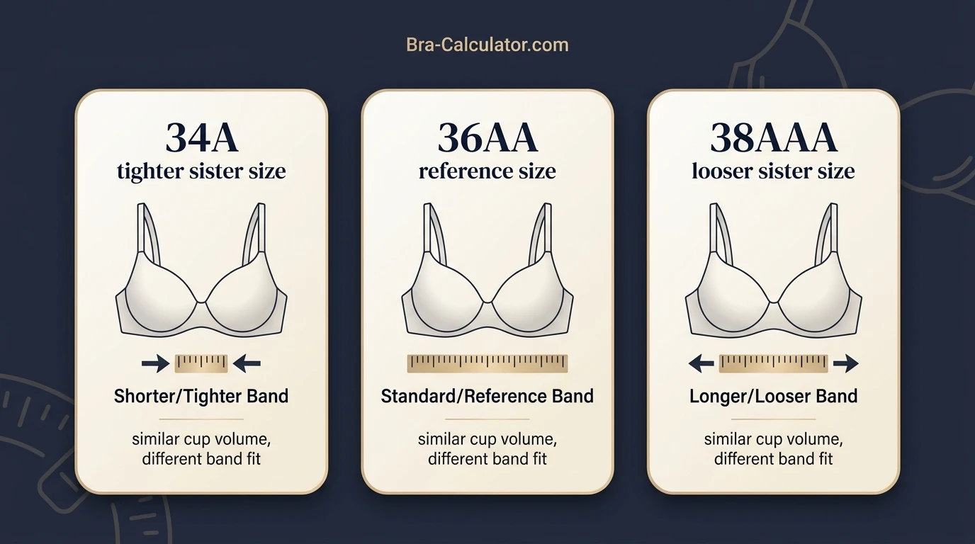 36AA bra size visual comparison showing 34A 36AA and 38AAA sister sizes with similar cup volume and different band fit