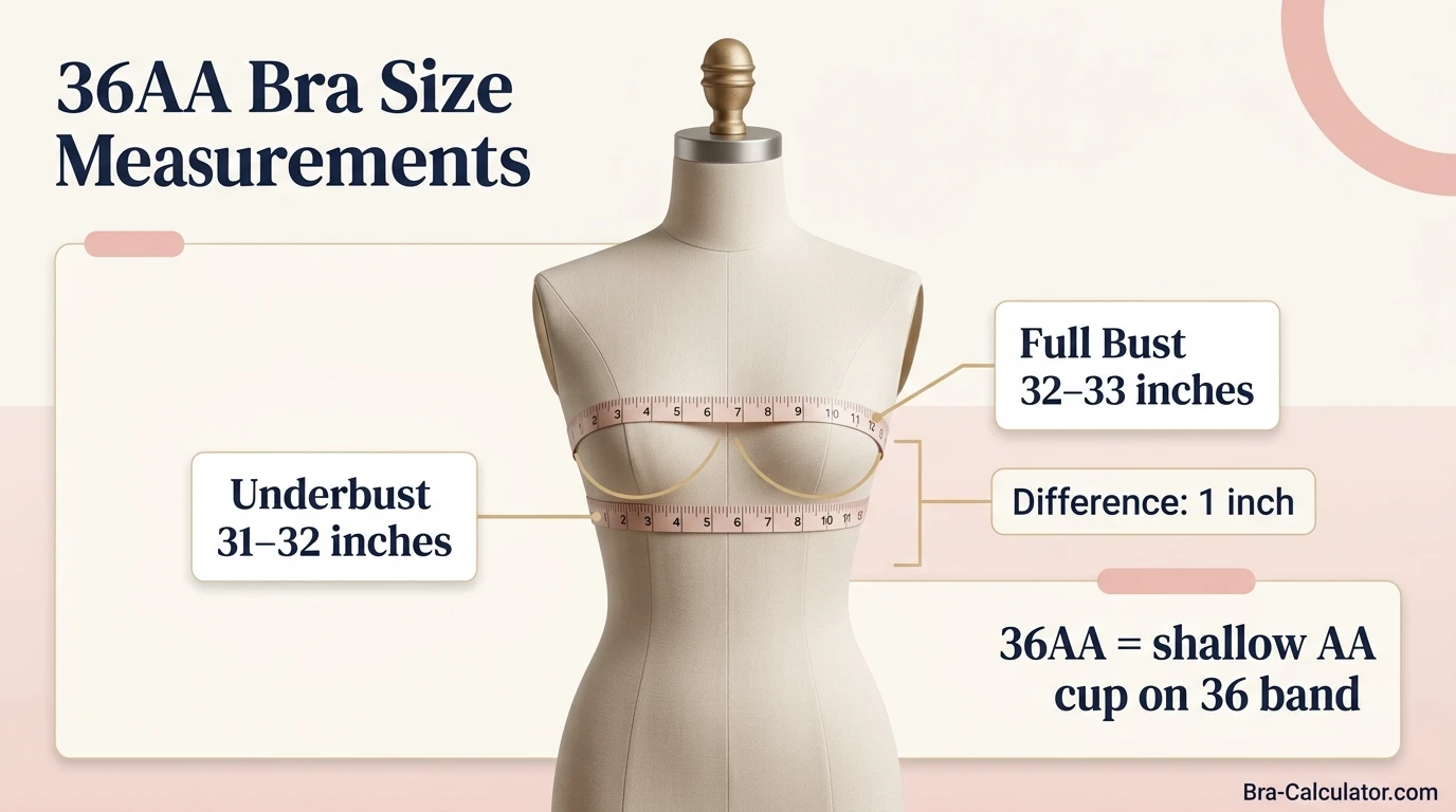 36AA bra size measurement infographic showing 31 to 32 inch underbust and 32 to 33 inch full bust with 1 inch cup difference