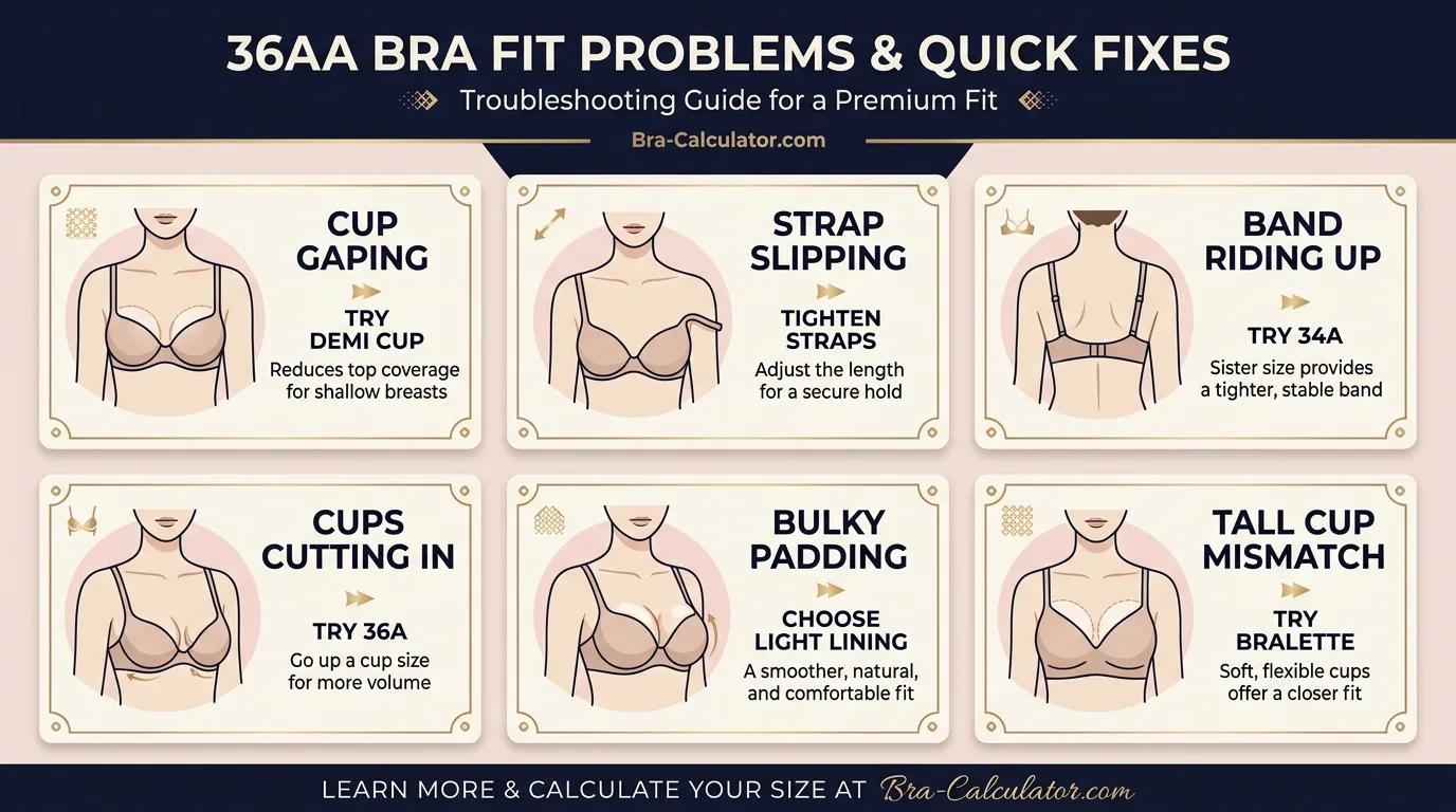36AA sister size and fit problem visual showing 34A 36AA and 38AAA with cup gaping strap slipping band riding up and shallow cup fixes