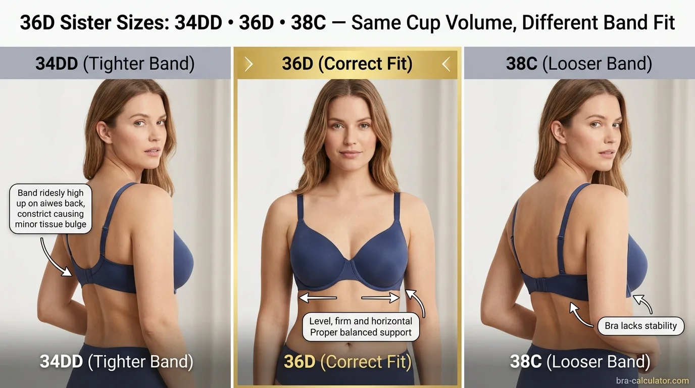 36D bra size visual comparison showing 34DD 36D and 38C sister sizes with similar cup volume and different band fit