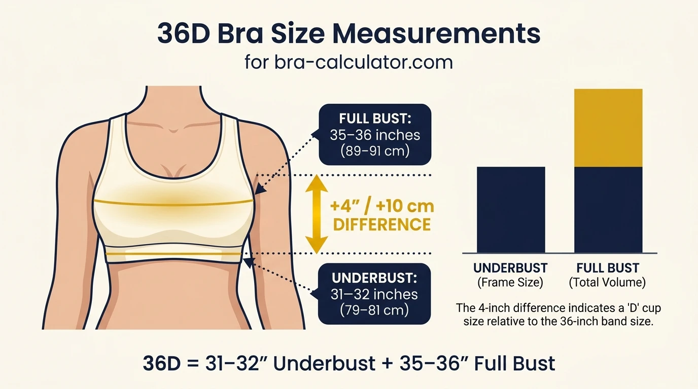 36D bra size measurement infographic showing 31 to 32 inch underbust and 35 to 36 inch full bust with 4 inch cup difference