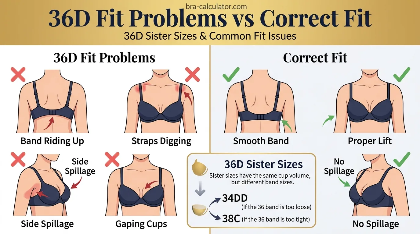 36D sister size and fit problem visual showing 34DD 36D and 38C with band riding up side spillage and strap digging fixes