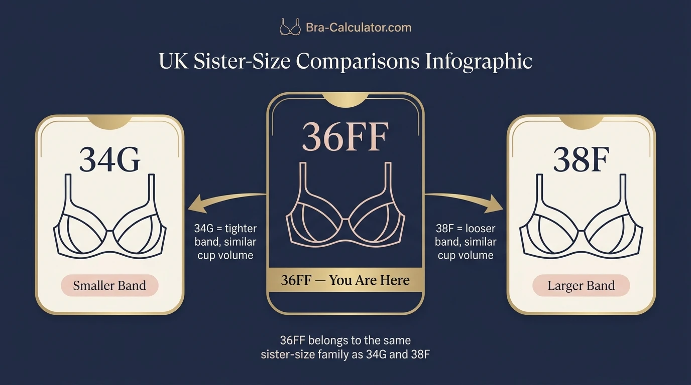36FF bra size visual comparison showing 34G 36FF and 38F sister sizes with similar cup volume and different band fit