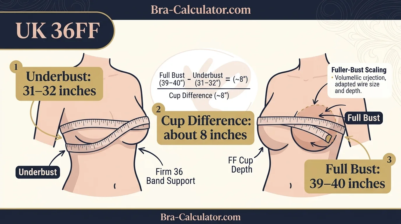 36FF bra size measurement infographic showing 31 to 32 inch underbust and 39 to 40 inch full bust with 8 inch cup difference