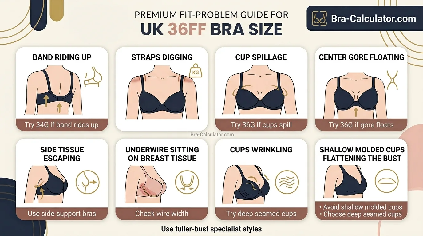 36FF sister size and fit problem visual showing 34G 36FF and 38F with band riding up spillage floating gore and strap digging fixes