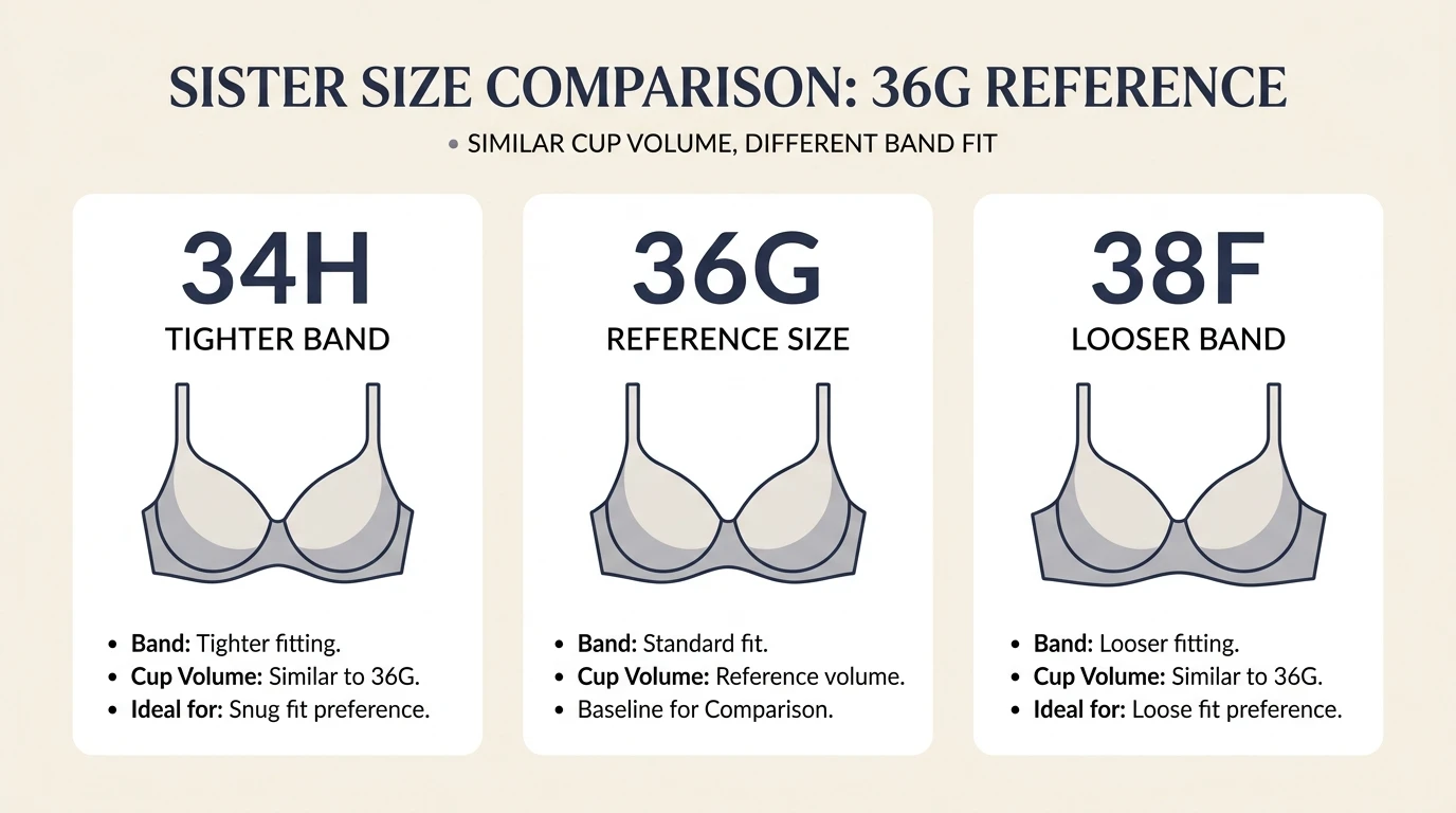 36G bra size visual comparison showing 34H 36G and 38F sister sizes with similar cup volume and different band fit