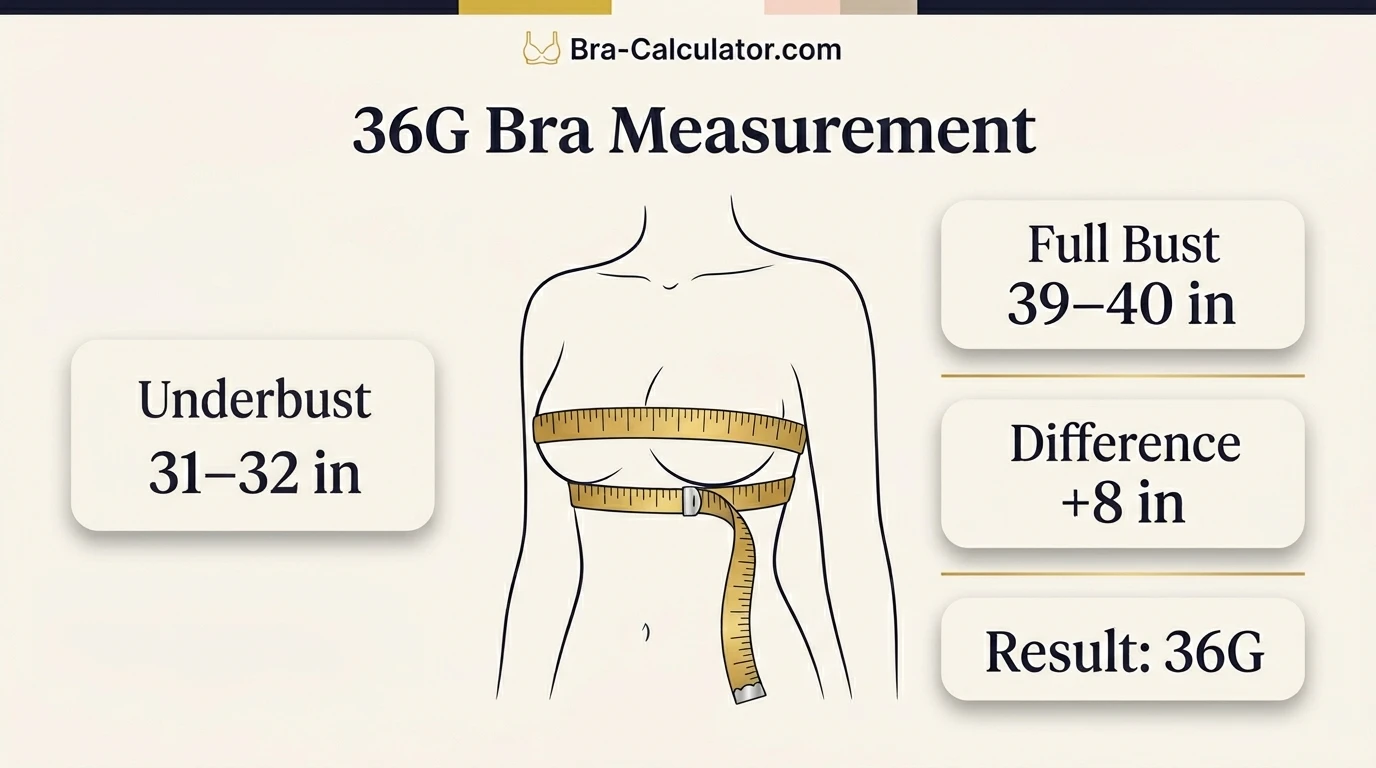 36G bra size measurement infographic showing 31 to 32 inch underbust and 39 to 40 inch full bust with 8 inch cup difference