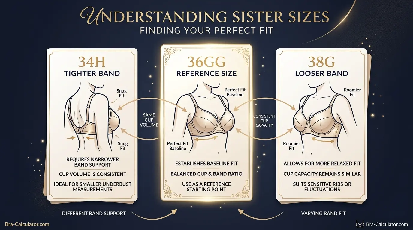 36GG bra size visual comparison showing 34H 36GG and 38G sister sizes with similar cup volume and different band fit