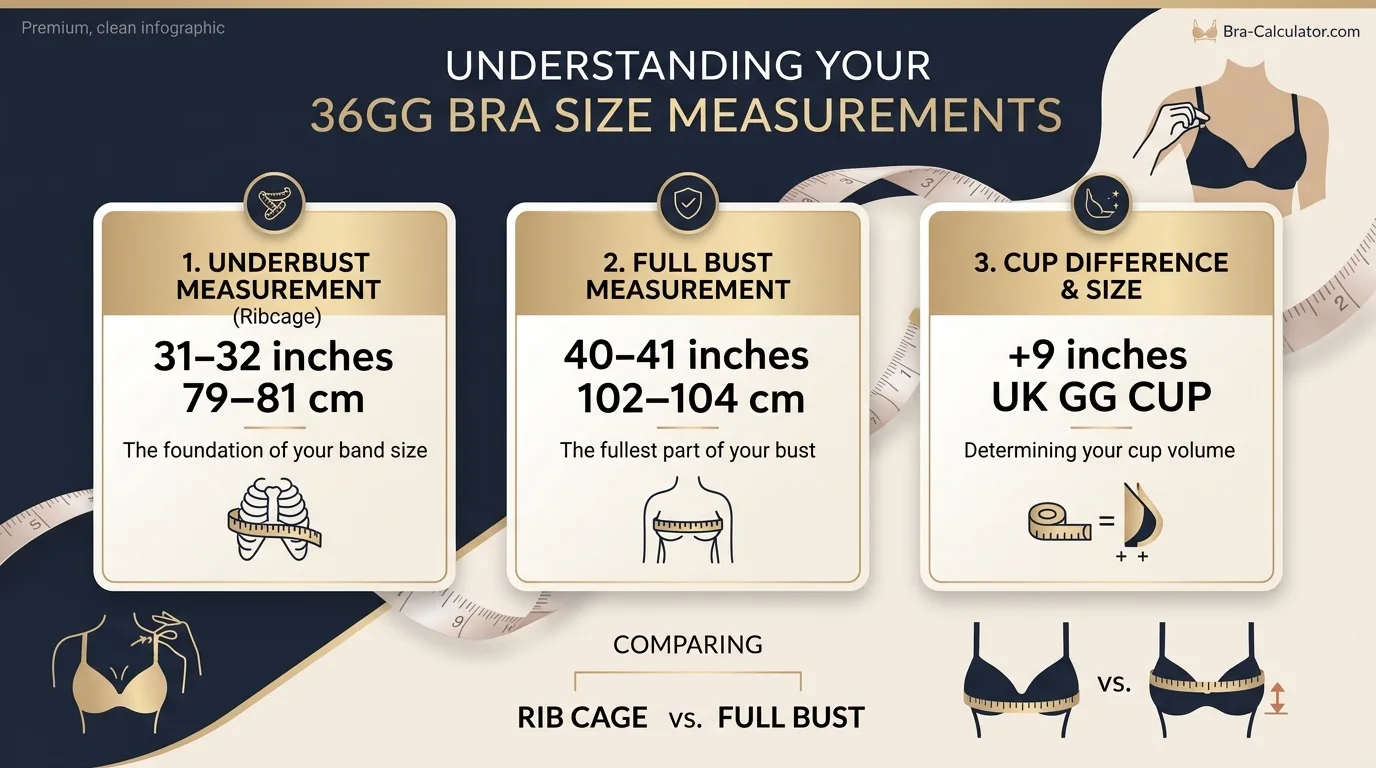 36GG bra size measurement infographic showing 31 to 32 inch underbust and 40 to 41 inch full bust with 9 inch cup difference