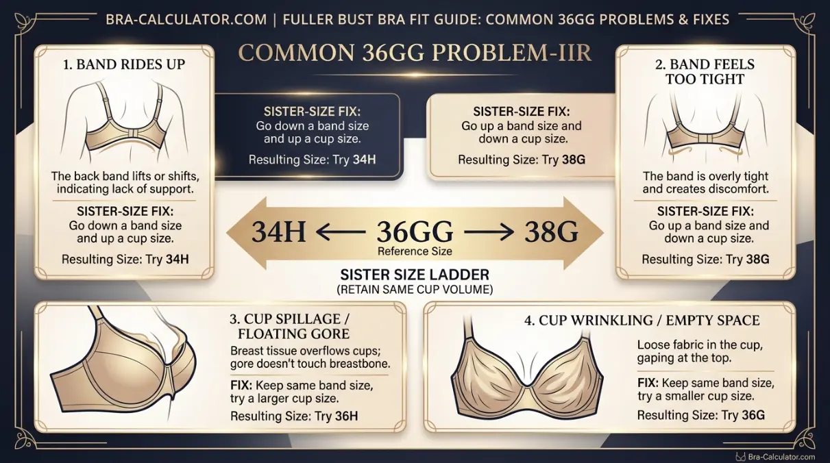 36GG sister size and fit problem visual showing 34H 36GG and 38G with band riding up spillage floating gore and strap digging fixes