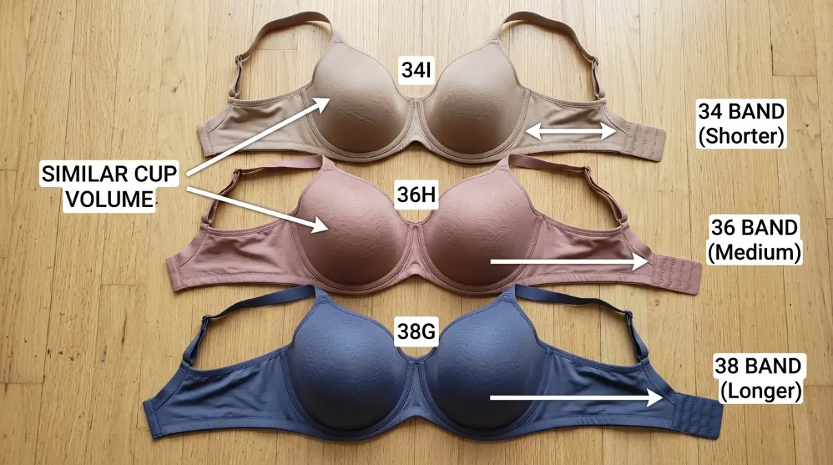 36H bra size visual comparison showing 34I 36H and 38G sister sizes with similar cup volume and different band fit