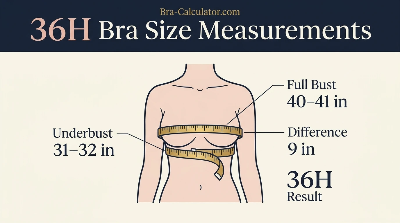 36H bra size measurement infographic showing 31 to 32 inch underbust and 40 to 41 inch full bust with 9 inch cup difference