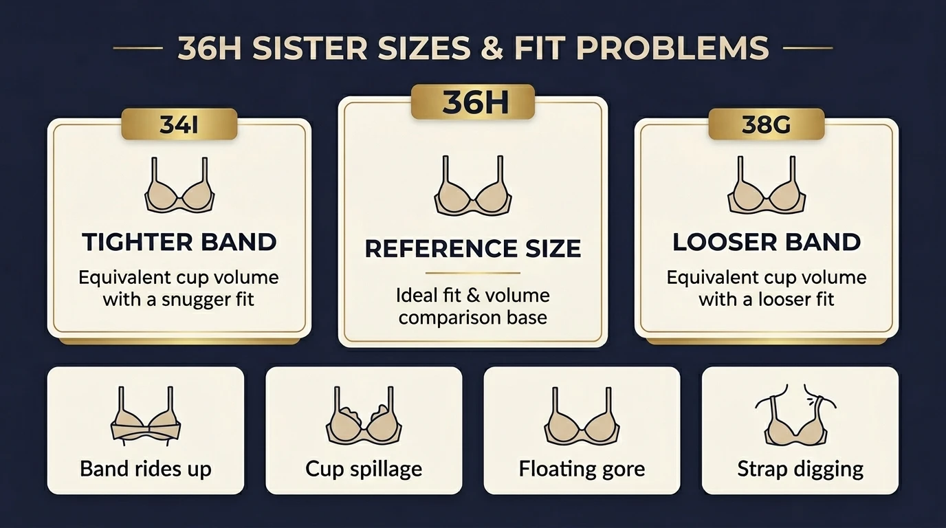 36H sister size and fit problem visual showing 34I 36H and 38G with band riding up spillage floating gore and strap digging fixes