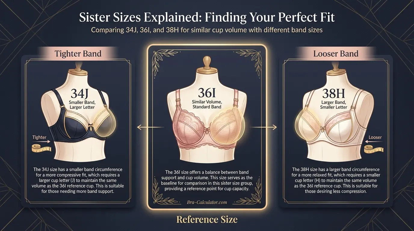 36I bra size visual comparison showing 34J 36I and 38H sister sizes with similar cup volume and different band fit