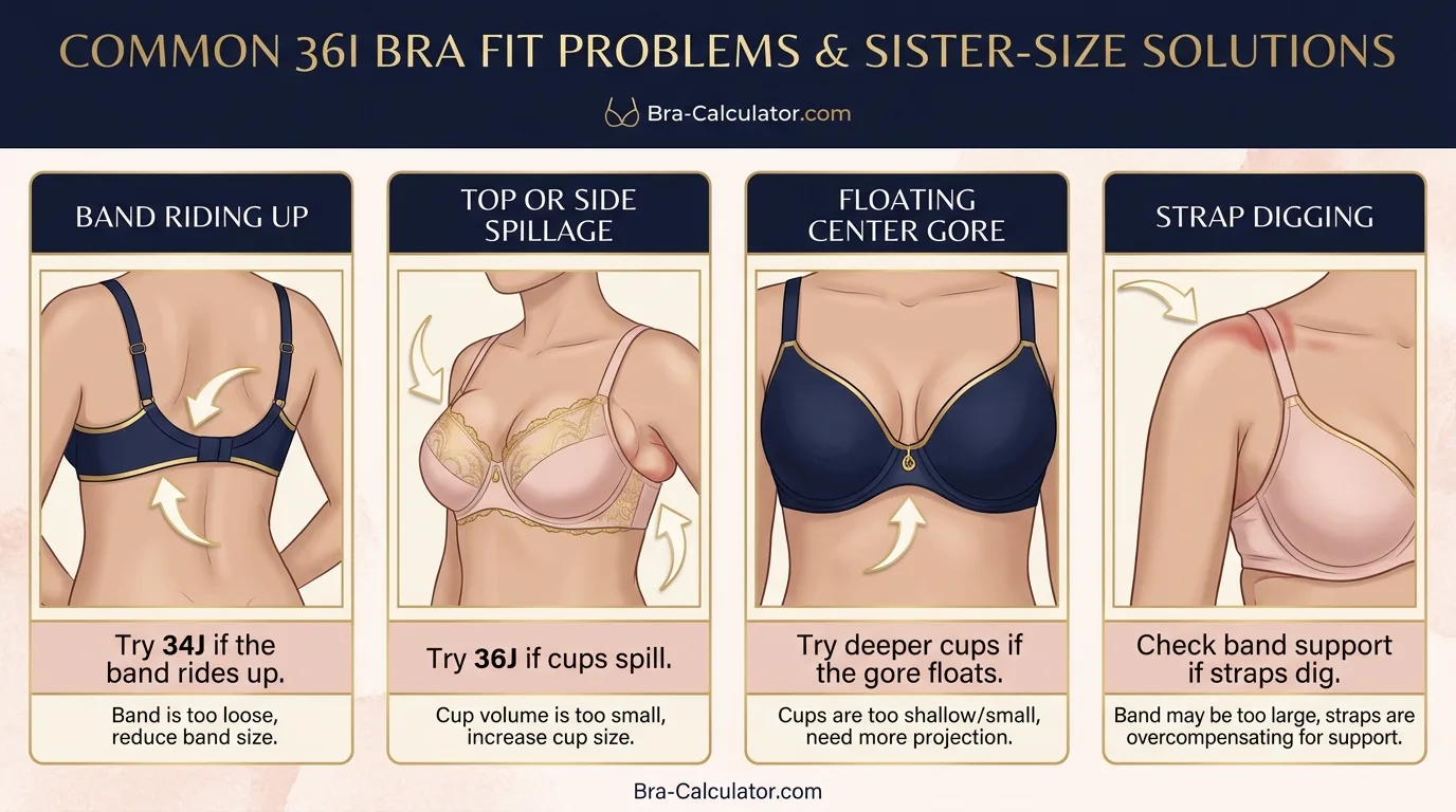 36I sister size and fit problem visual showing 34J 36I and 38H with band riding up spillage floating gore and strap digging fixes