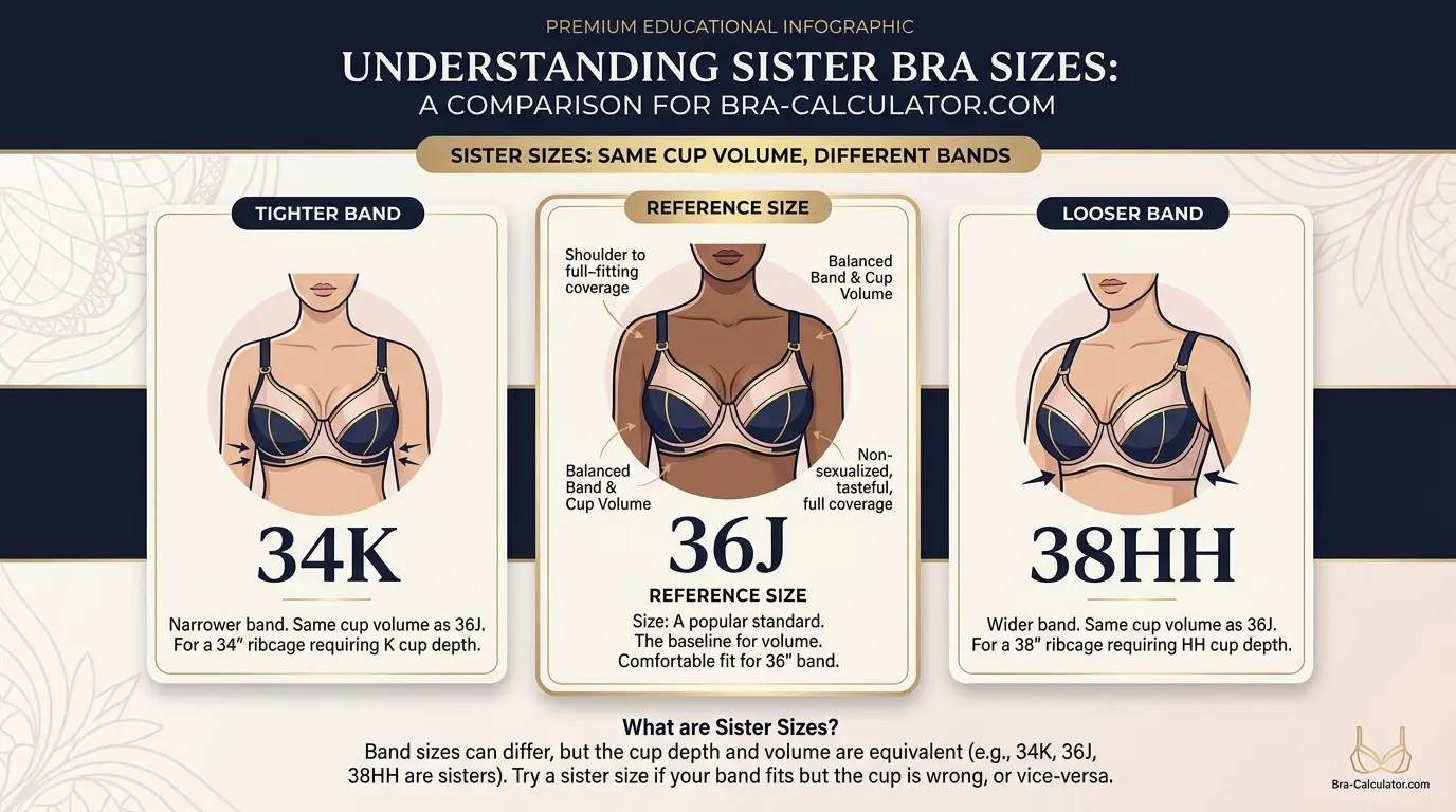 36J bra size visual comparison showing 34K 36J and 38I sister sizes with similar cup volume and different band fit
