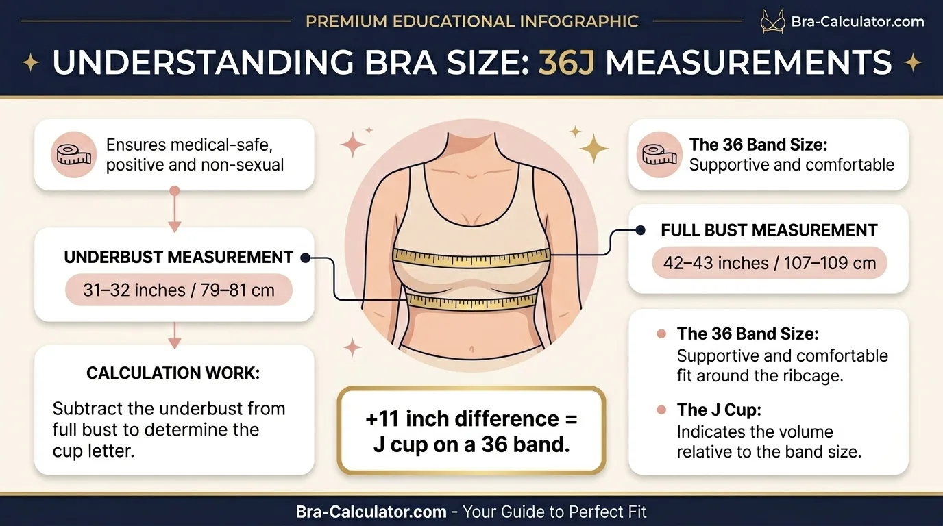 36J bra size measurement infographic showing 31 to 32 inch underbust and 42 to 43 inch full bust with 11 inch cup difference