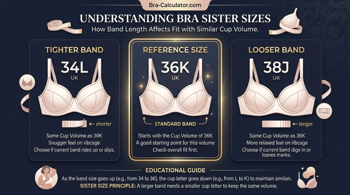 36K bra size visual comparison showing 34L 36K and 38J sister sizes with similar cup volume and different band fit
