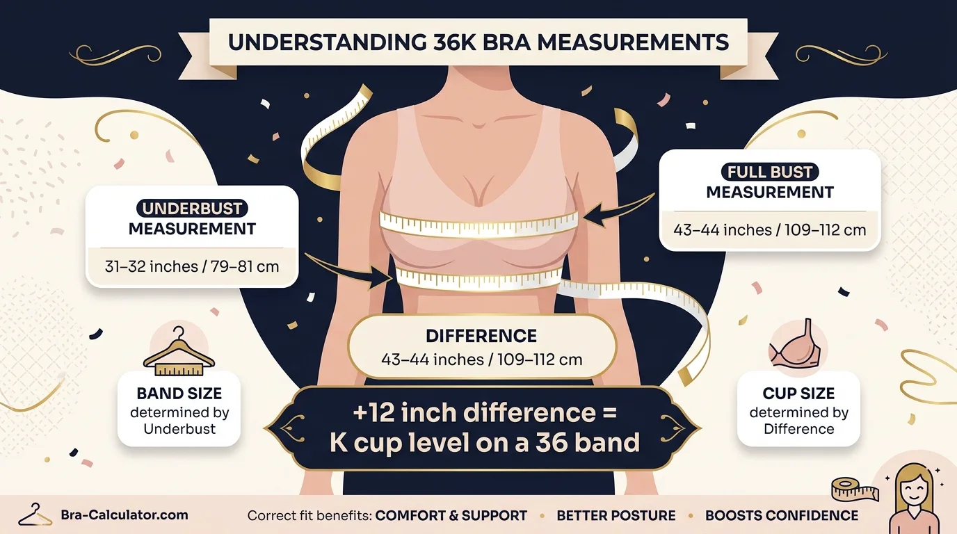 36K bra size measurement infographic showing 31 to 32 inch underbust and 43 to 44 inch full bust with 12 inch cup difference