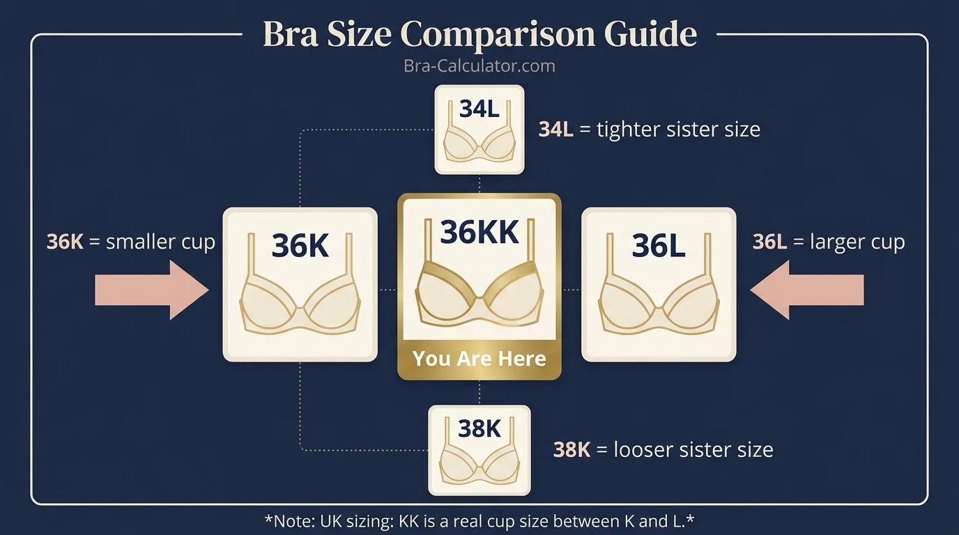 36KK bra size visual comparison showing 34L 36KK and 38K sister sizes with similar cup volume and different band fit