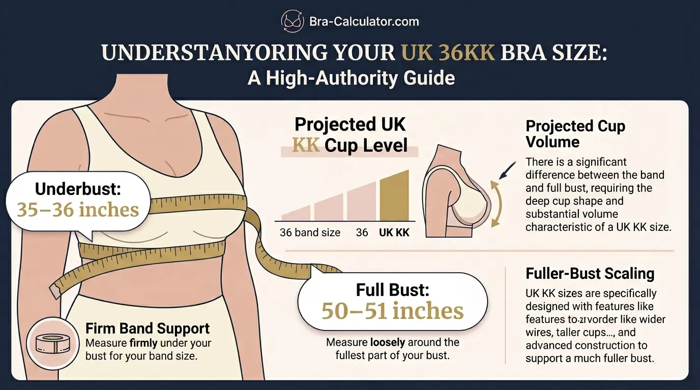 36KK bra size measurement infographic showing 31 to 32 inch underbust and 46 to 47 inch full bust with 15 inch cup difference