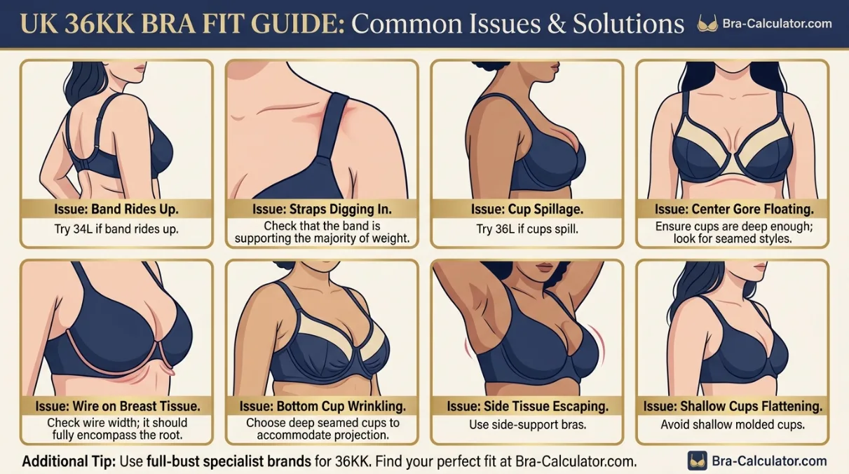 36KK sister size and fit problem visual showing 34L 36KK and 38K with band riding up spillage floating gore strap digging and wire pressure fixes