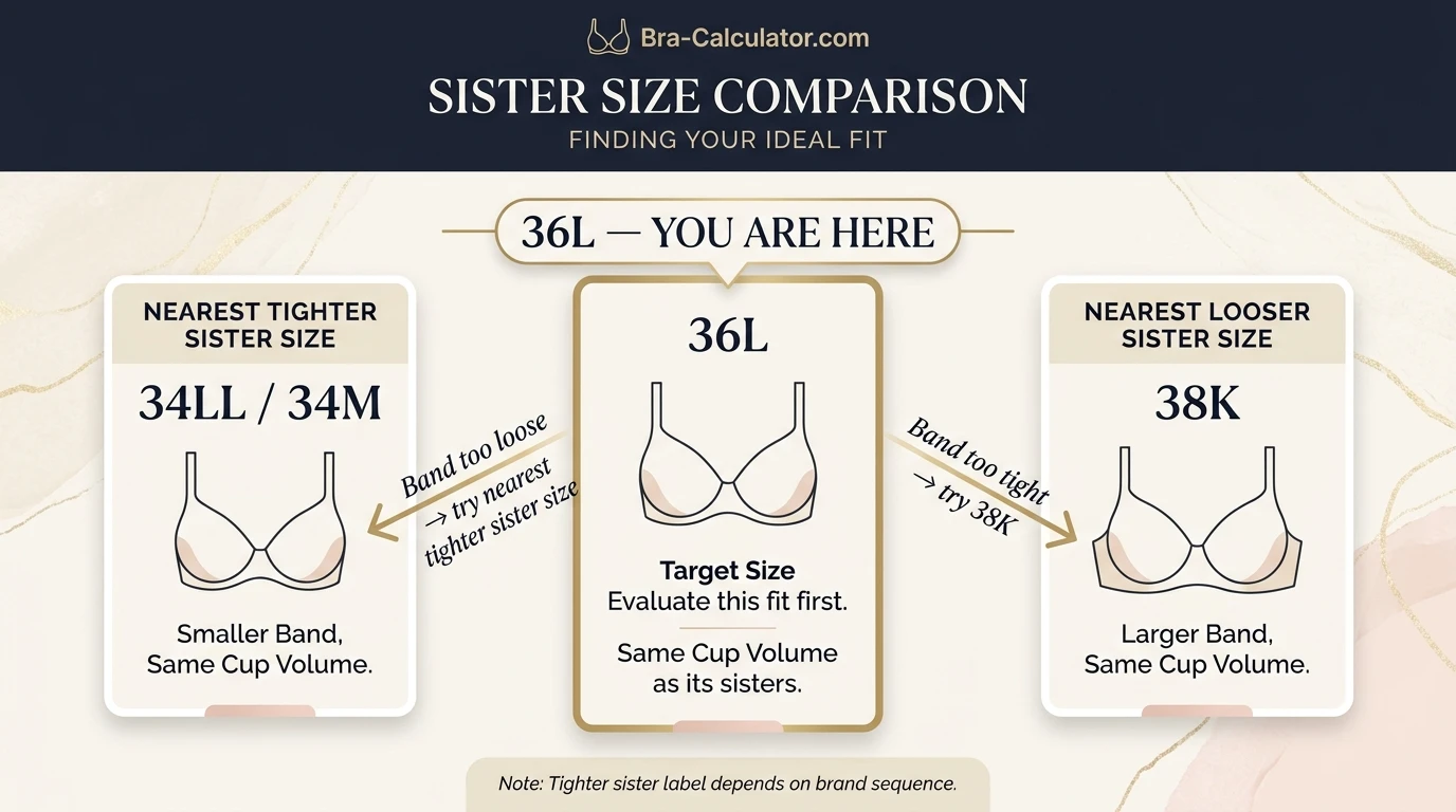 36L bra size visual comparison showing 34LL 36L and 38K sister sizes with similar cup volume and different band fit