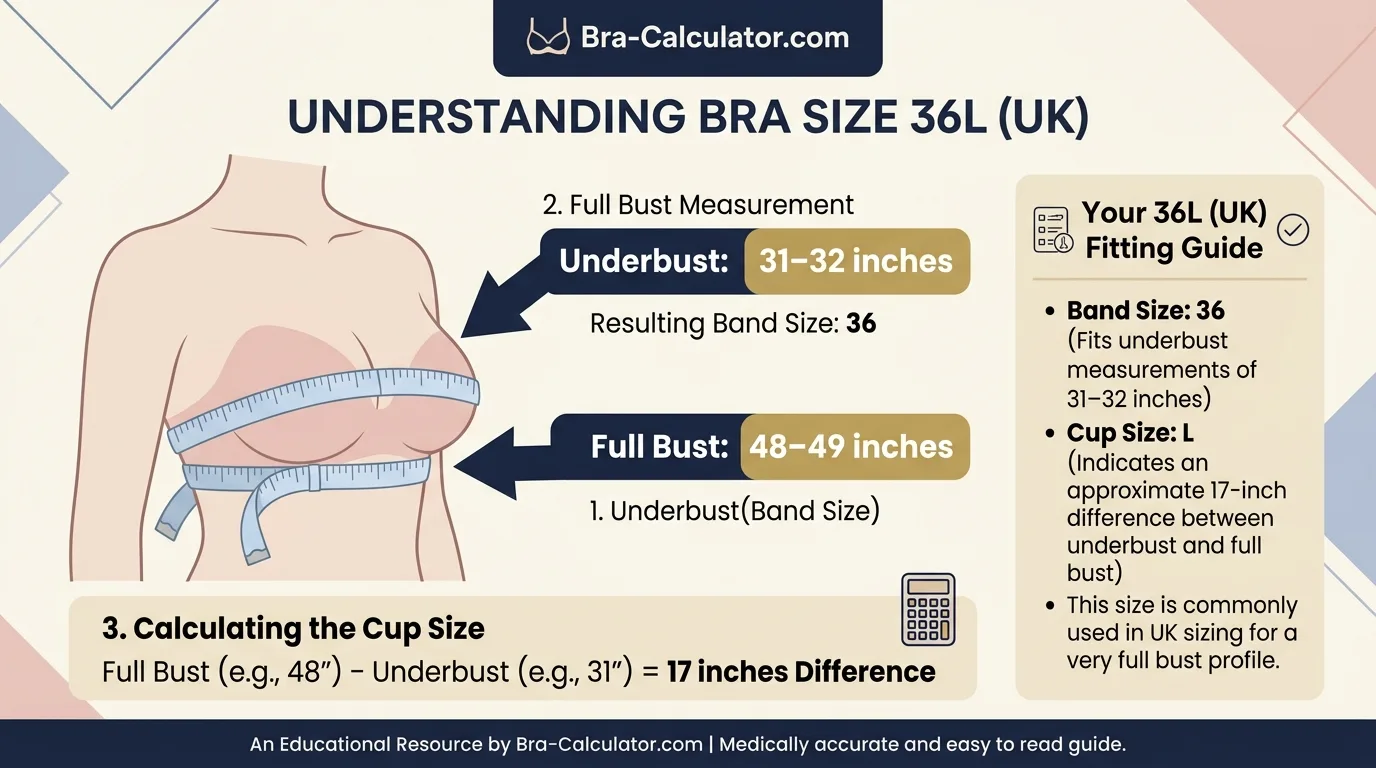 36L bra size measurement infographic showing 31 to 32 inch underbust and 48 to 49 inch full bust with 17 inch cup difference