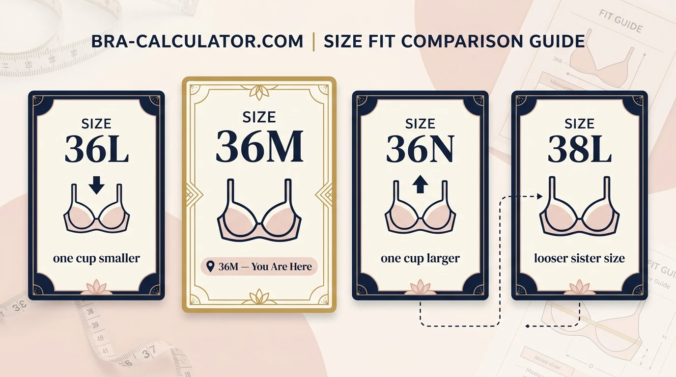 36M bra size visual comparison showing 36L 36M 36N and 38L with cup depth and band differences