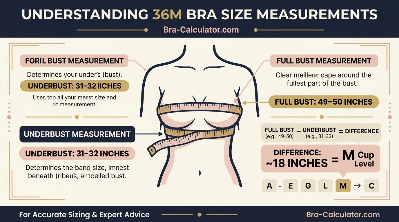 36M bra size measurement infographic showing 31 to 32 inch underbust and 49 to 50 inch full bust with 18 inch cup difference