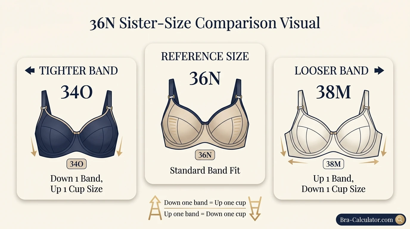 36N bra size visual comparison showing 34O 36N and 38M sister sizes with similar cup volume and different band fit
